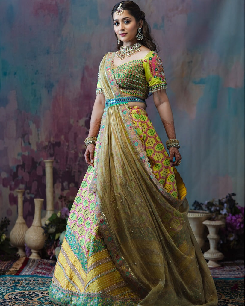 Rukmini Neil Mukesh in our Yellow Bandhani Banarasi Woven Lehenga