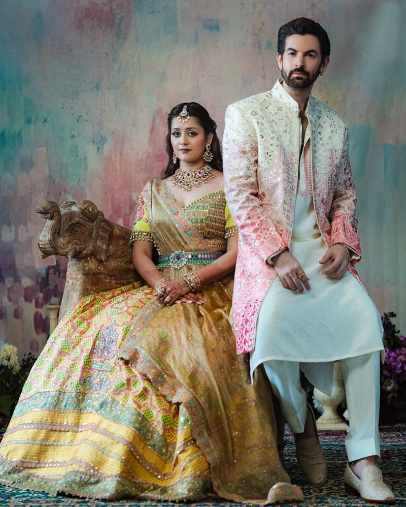 Rukmini Neil Mukesh in our Yellow Bandhani Banarasi Woven Lehenga