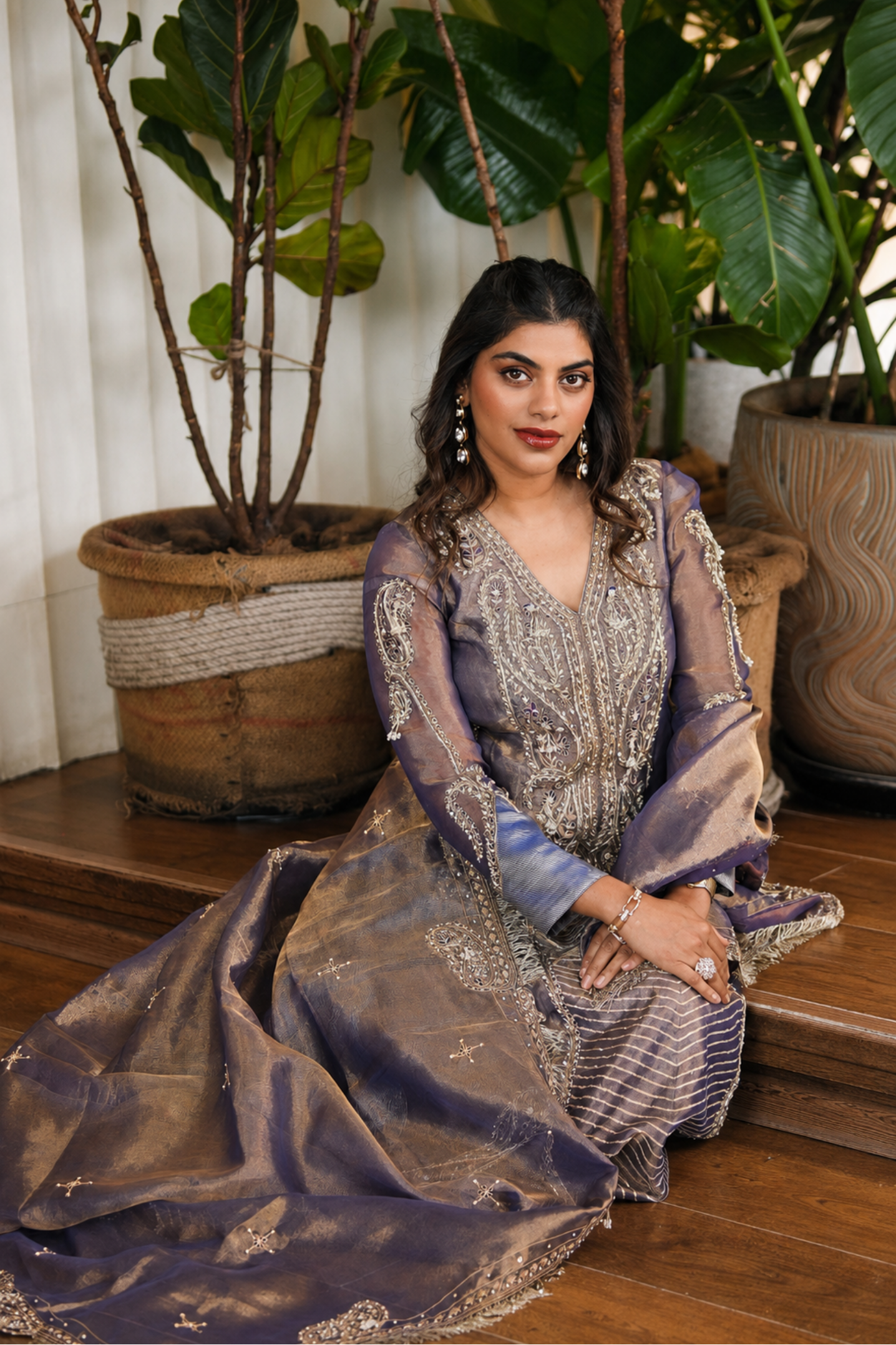 Vaishali Jain in our Purple silk zari tissue anarkali with sharara and dupatta set