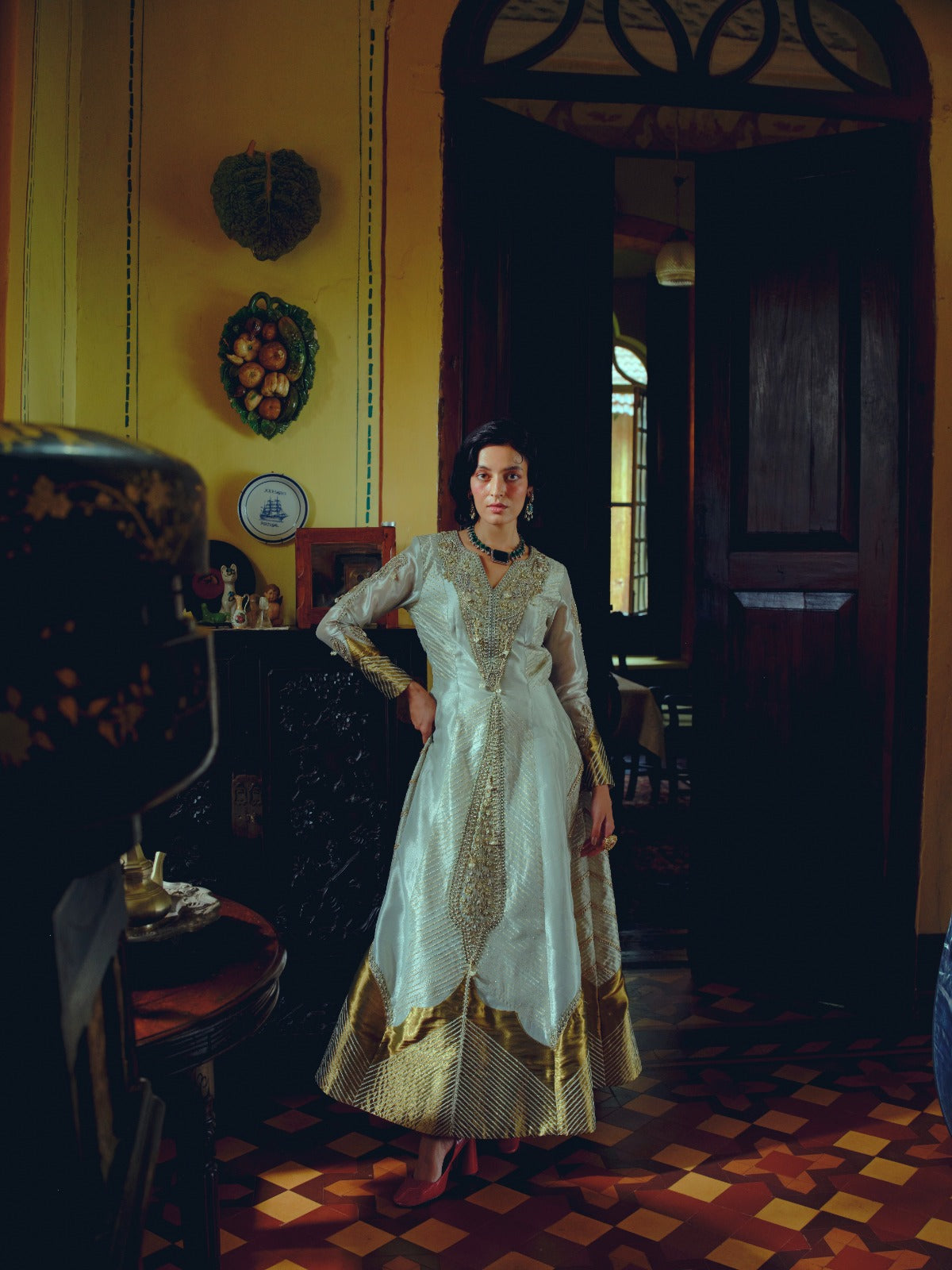 mehak bakshi in Pearl gold silk zari tissue anarkali