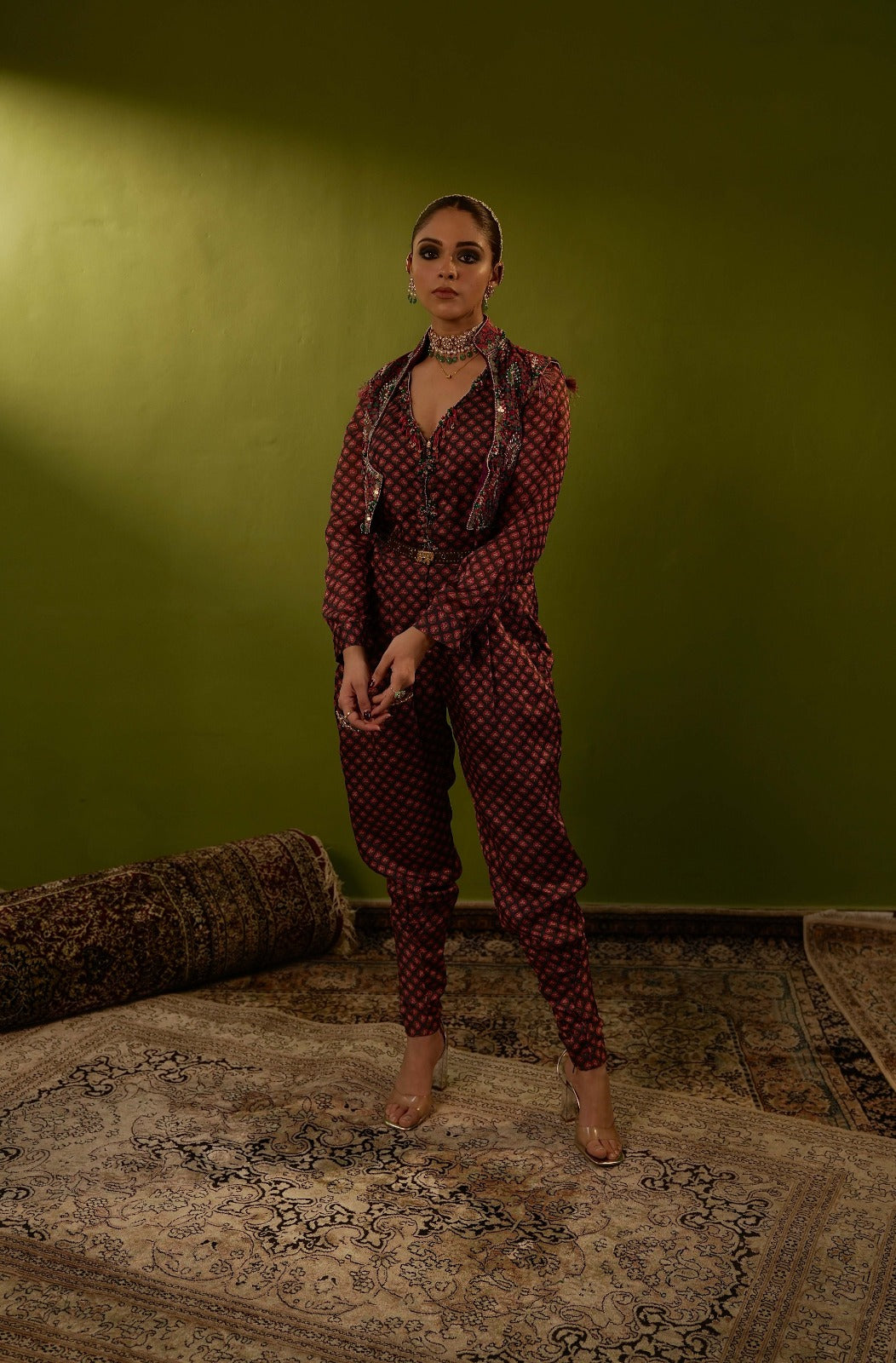 Maroon jumpsuit with jamawar jacket