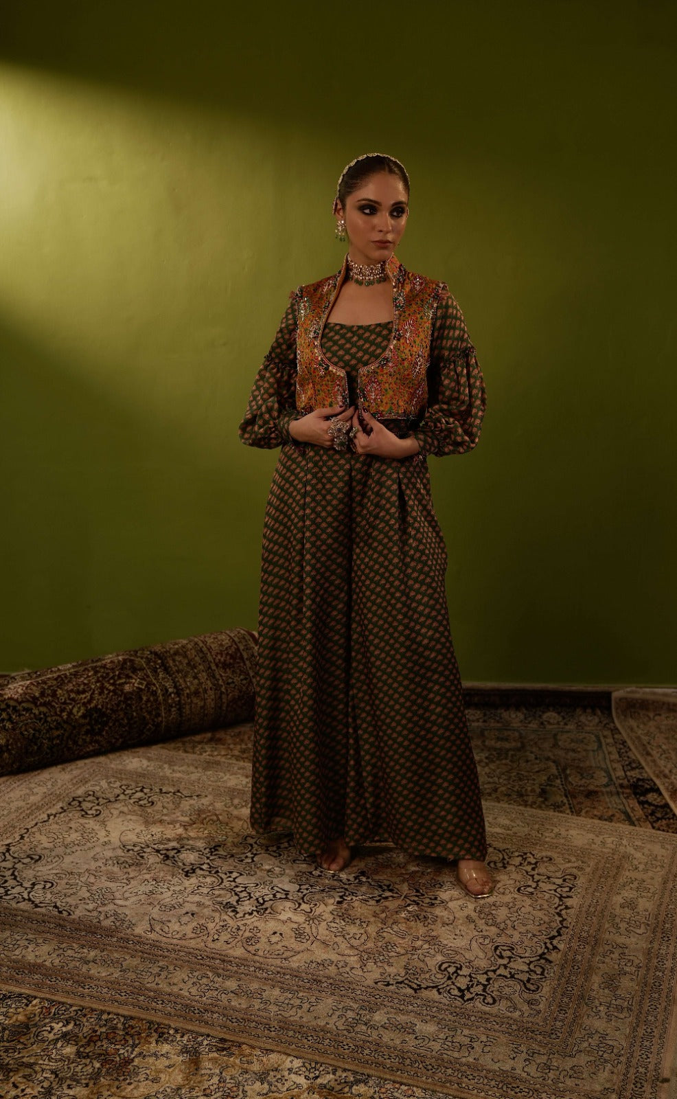 Green jumpsit with mustard yellow jamawar jacket