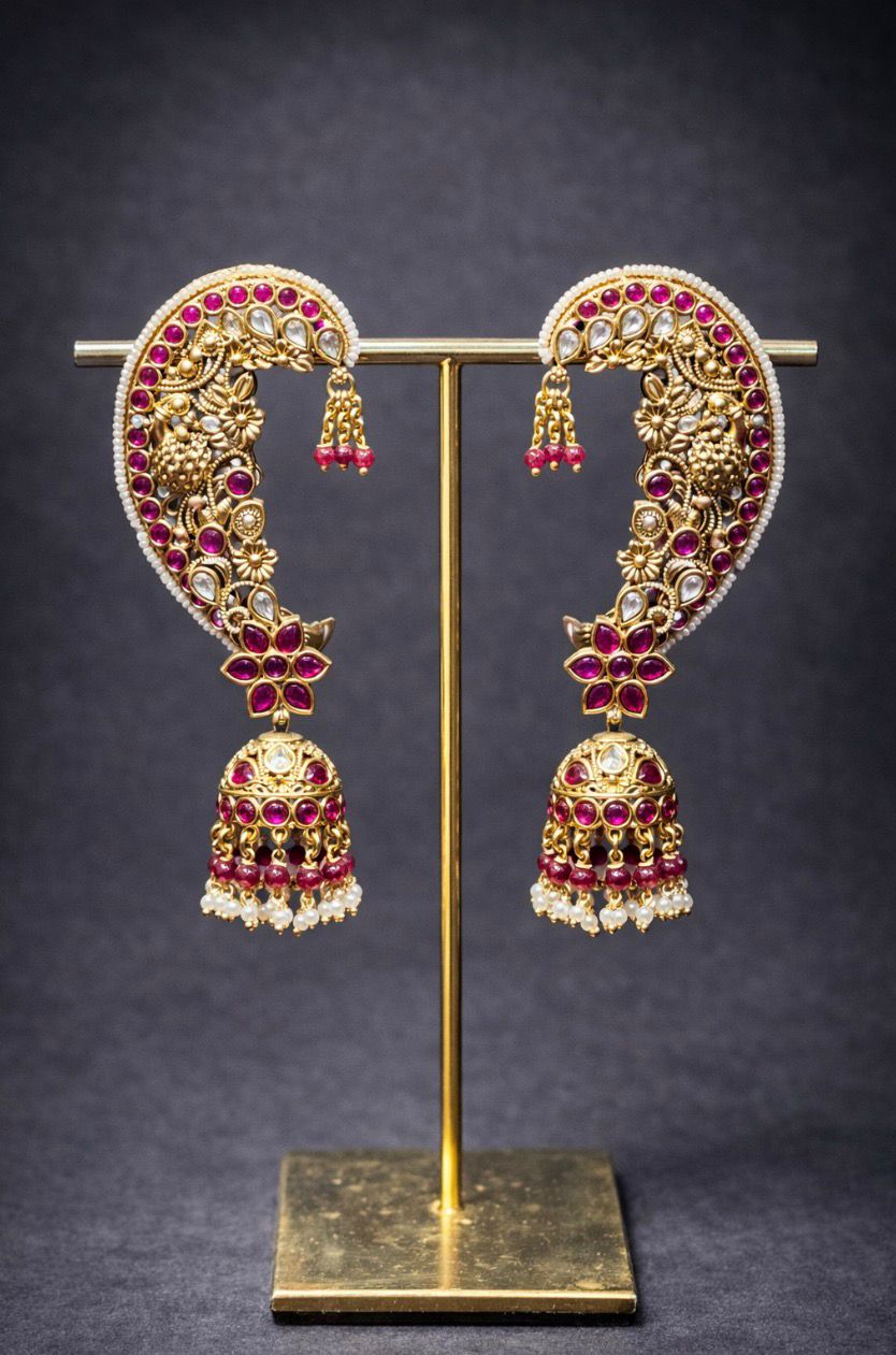 Ruby Kundan Crescent Jhumka Earrings