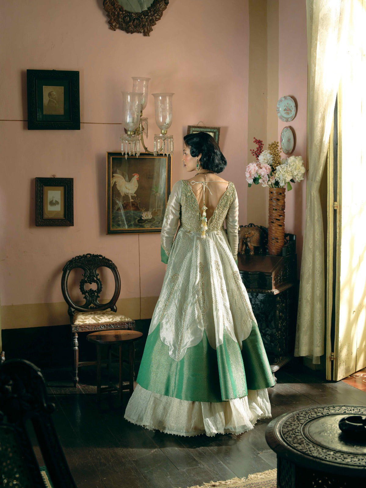 Kritika Khurana in our Pearl gold silk zari tissue jacket with skirt set