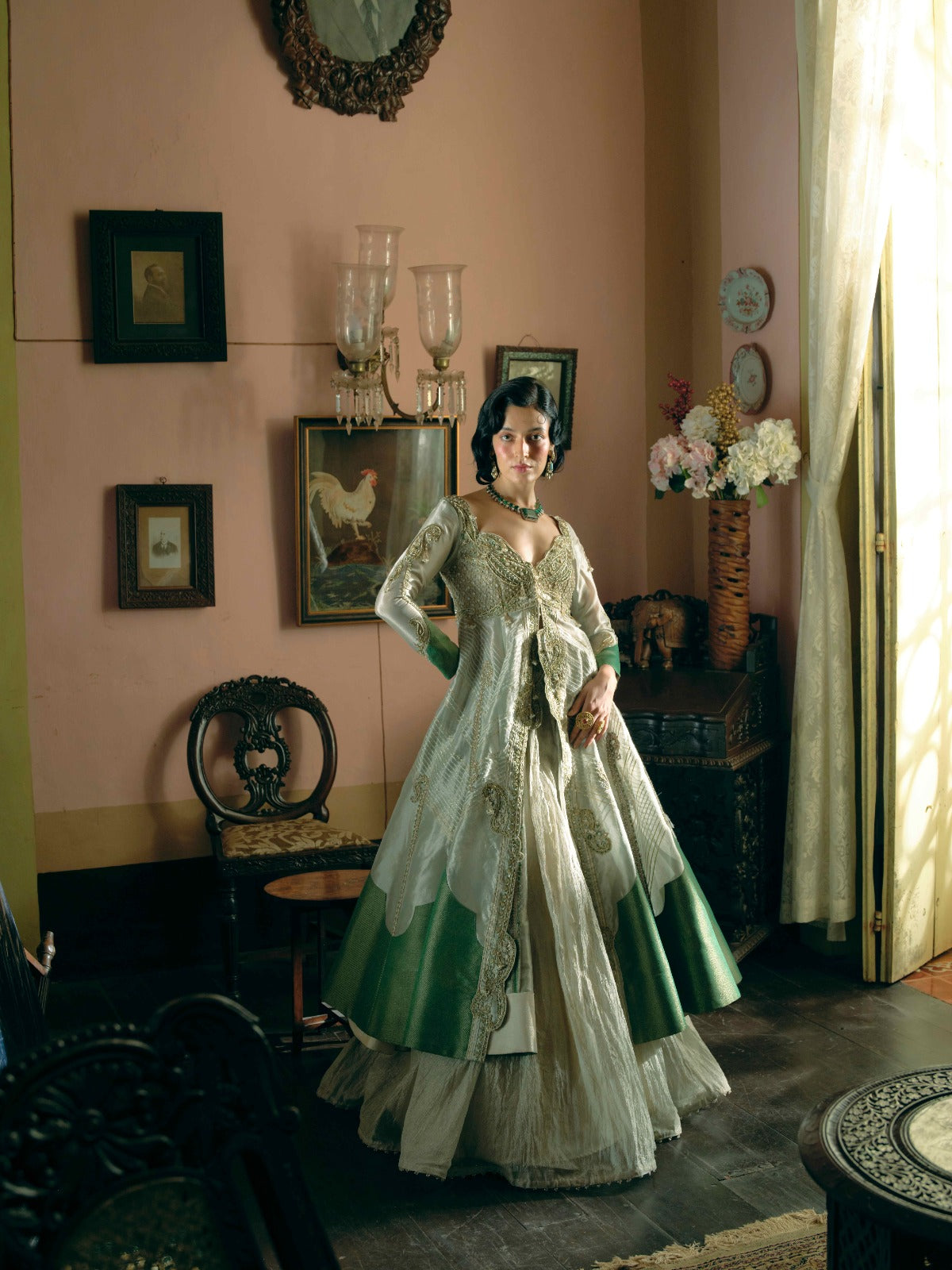 Kritika Khurana in our Pearl gold silk zari tissue jacket with skirt set