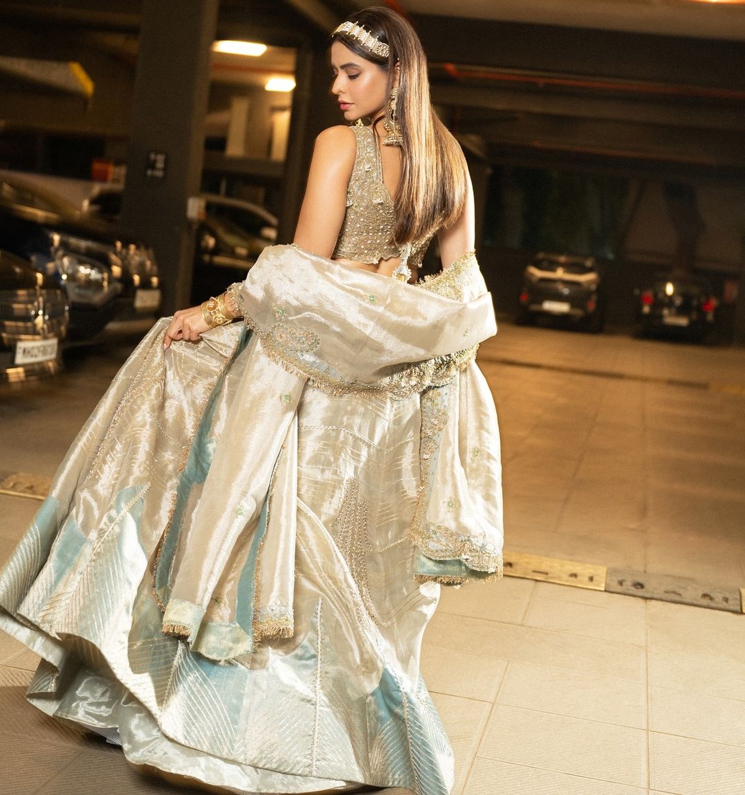 Aamna Sharif in our Pearl gold silk zari tissue lehnga set