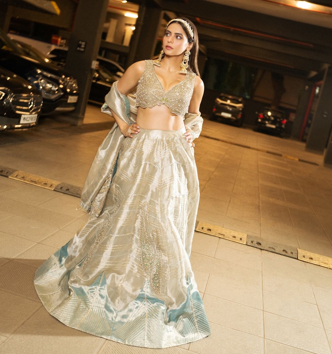 Aamna Sharif in our Pearl gold silk zari tissue lehnga set