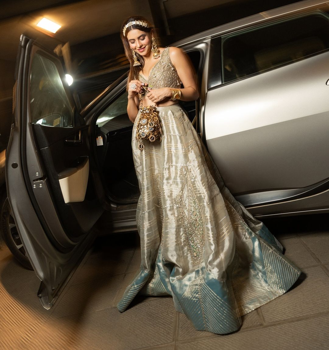Aamna Sharif in our Pearl gold silk zari tissue lehnga set