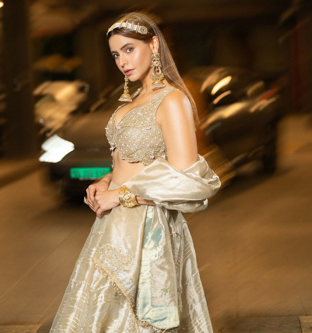 Aamna Sharif in our Pearl gold silk zari tissue lehnga set