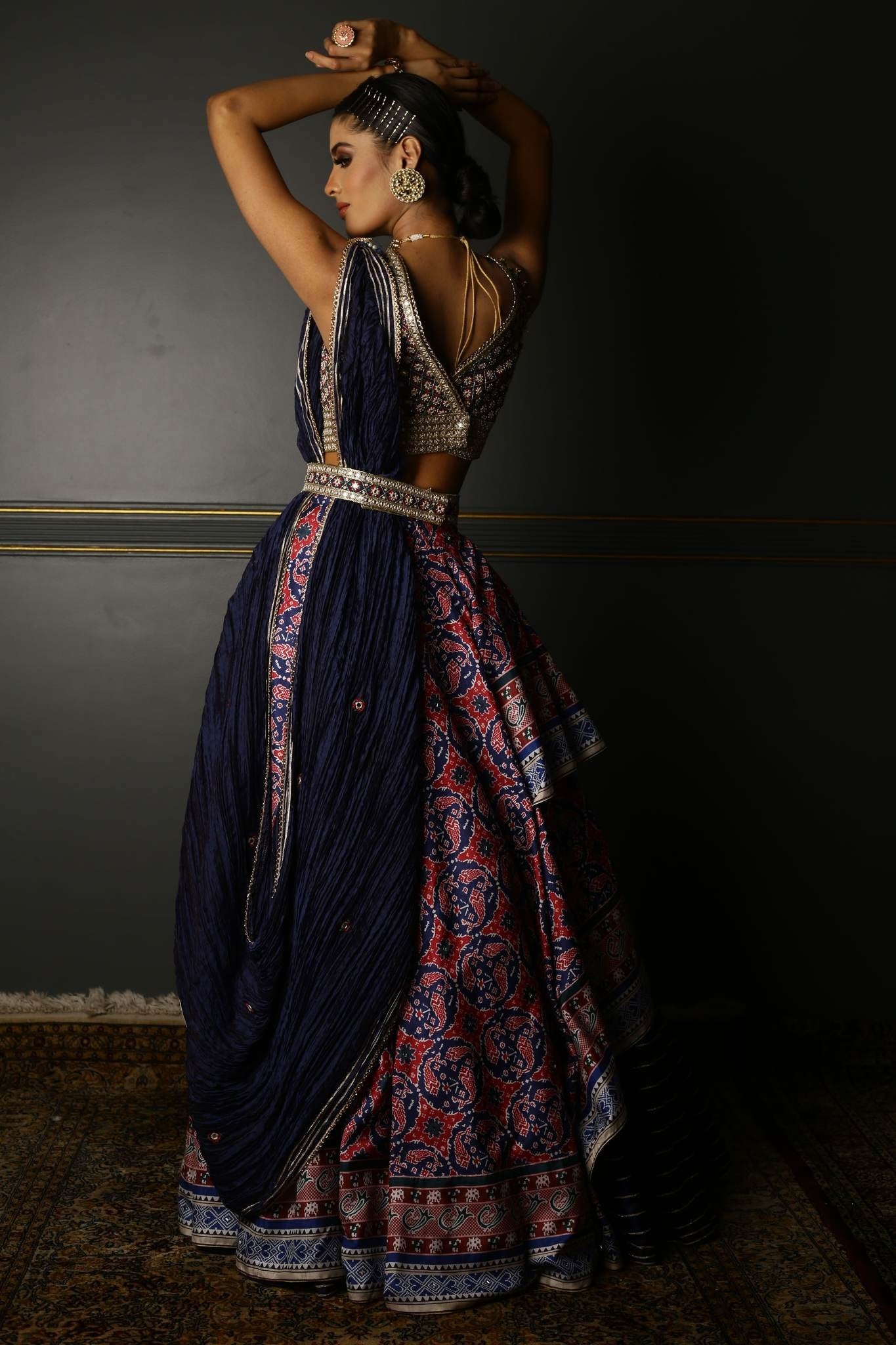 Buy Women's Blue Printed Asymmetrical Lehenga backview
