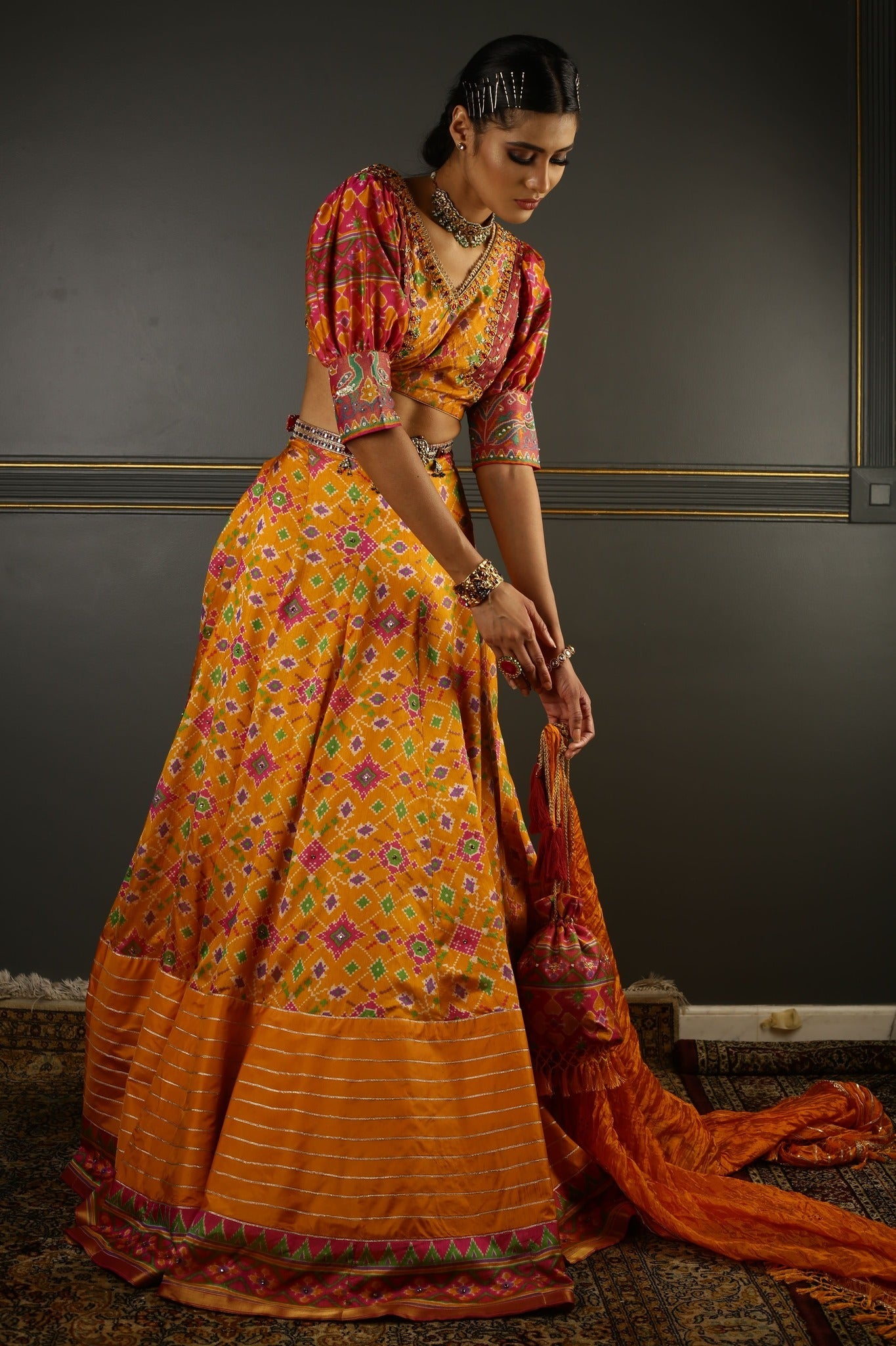 Yellow Printed Embroidered Lehenga Set