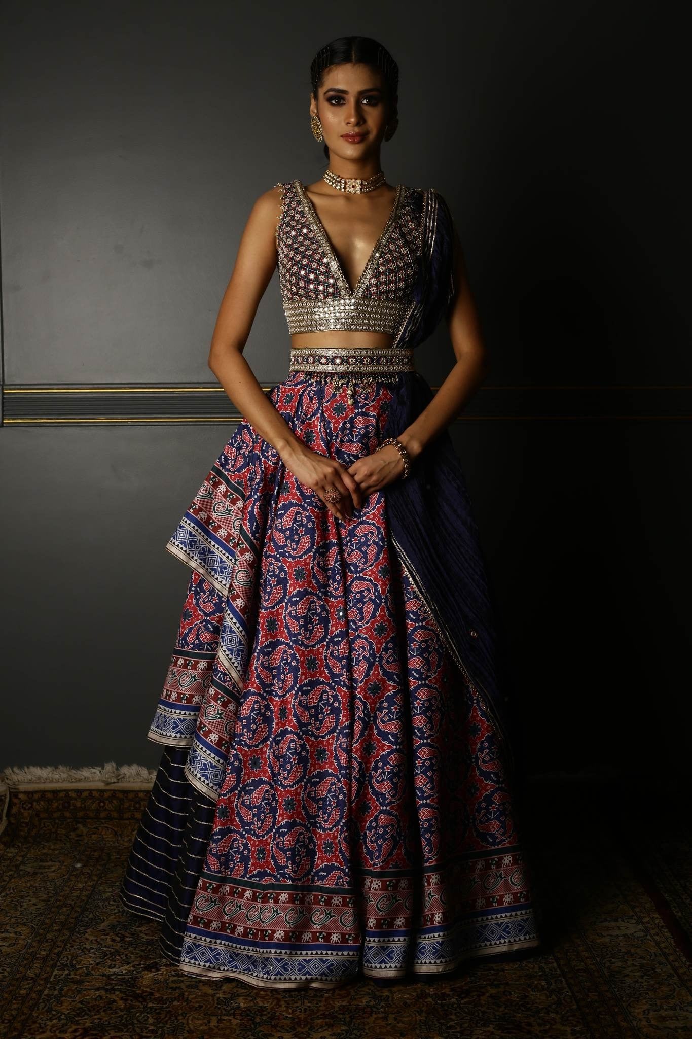 Buy Women's Blue Printed Asymmetrical Lehenga