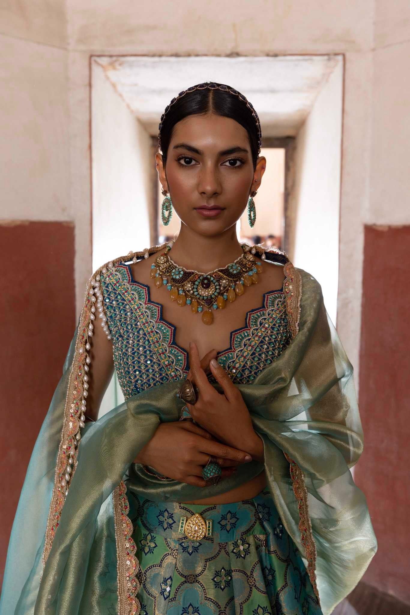 Women's Green Banarasi Jharokha Lehenga Set
