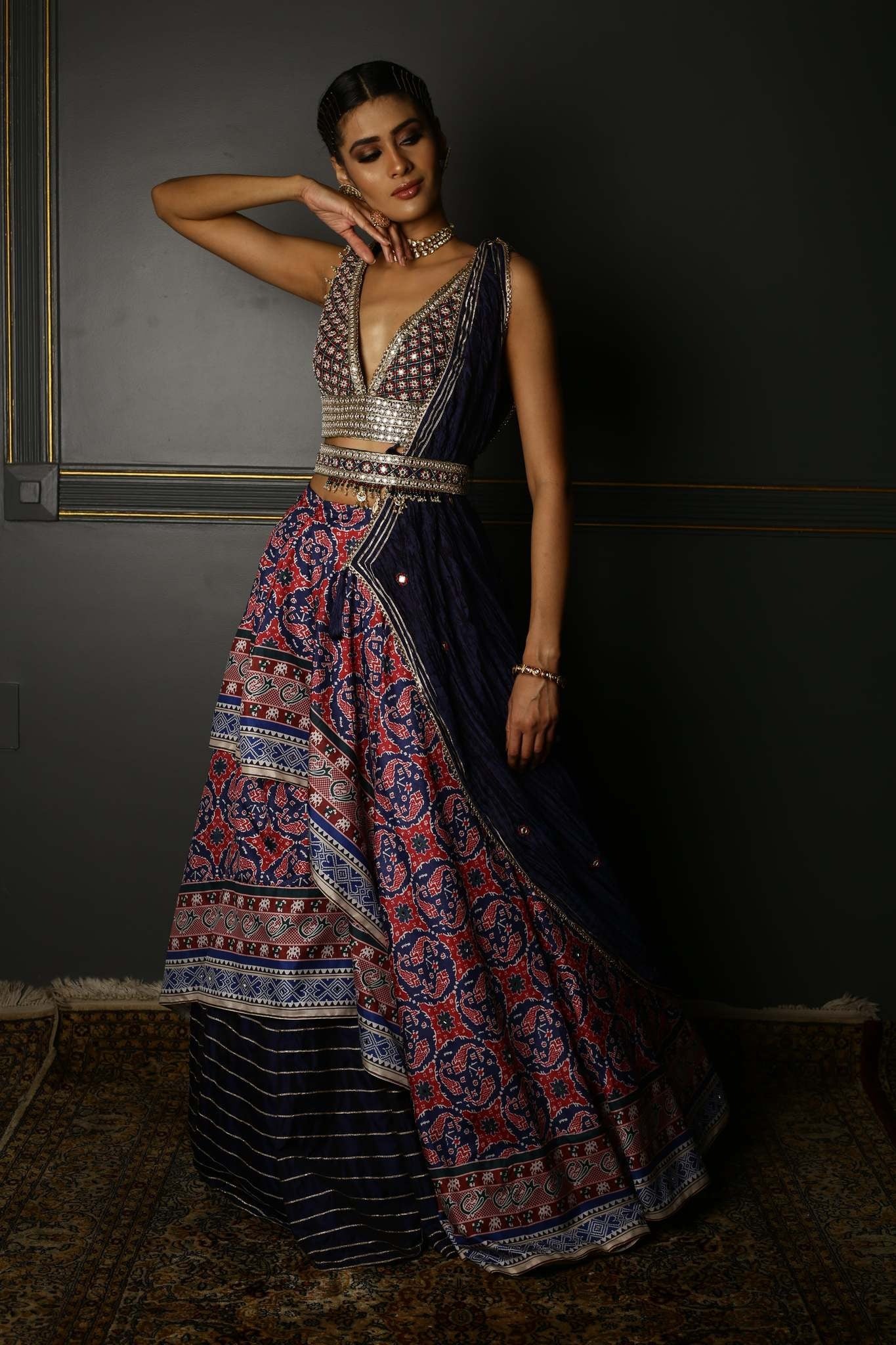 Buy Women's Blue Printed Asymmetrical Lehenga