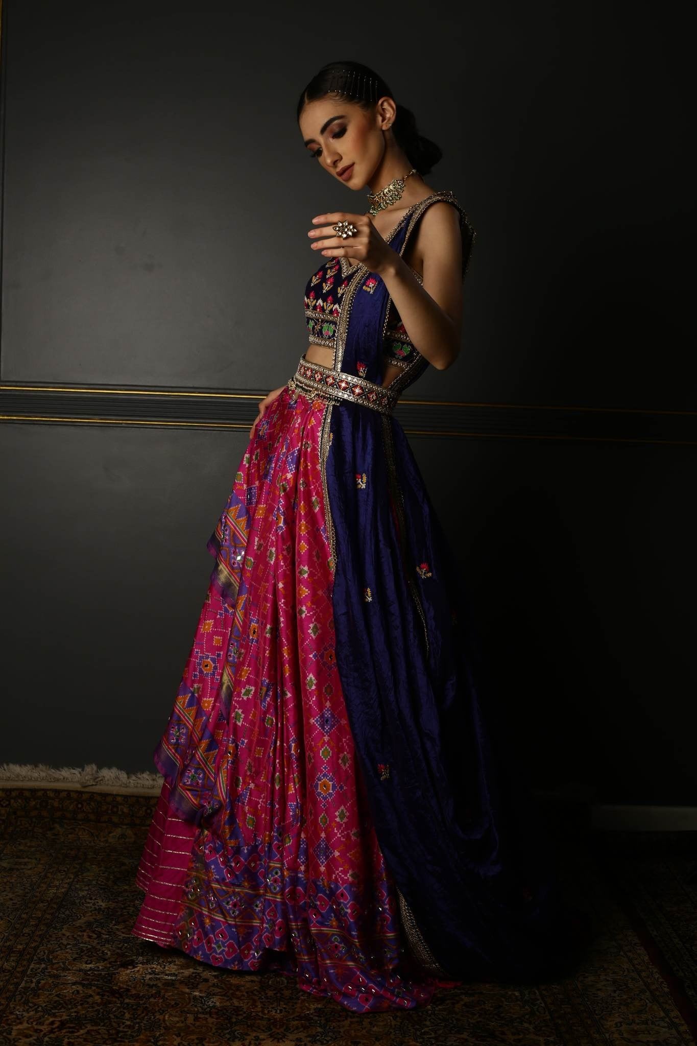 Buy Hot Pink Printed Patola Layered Lehenga Set