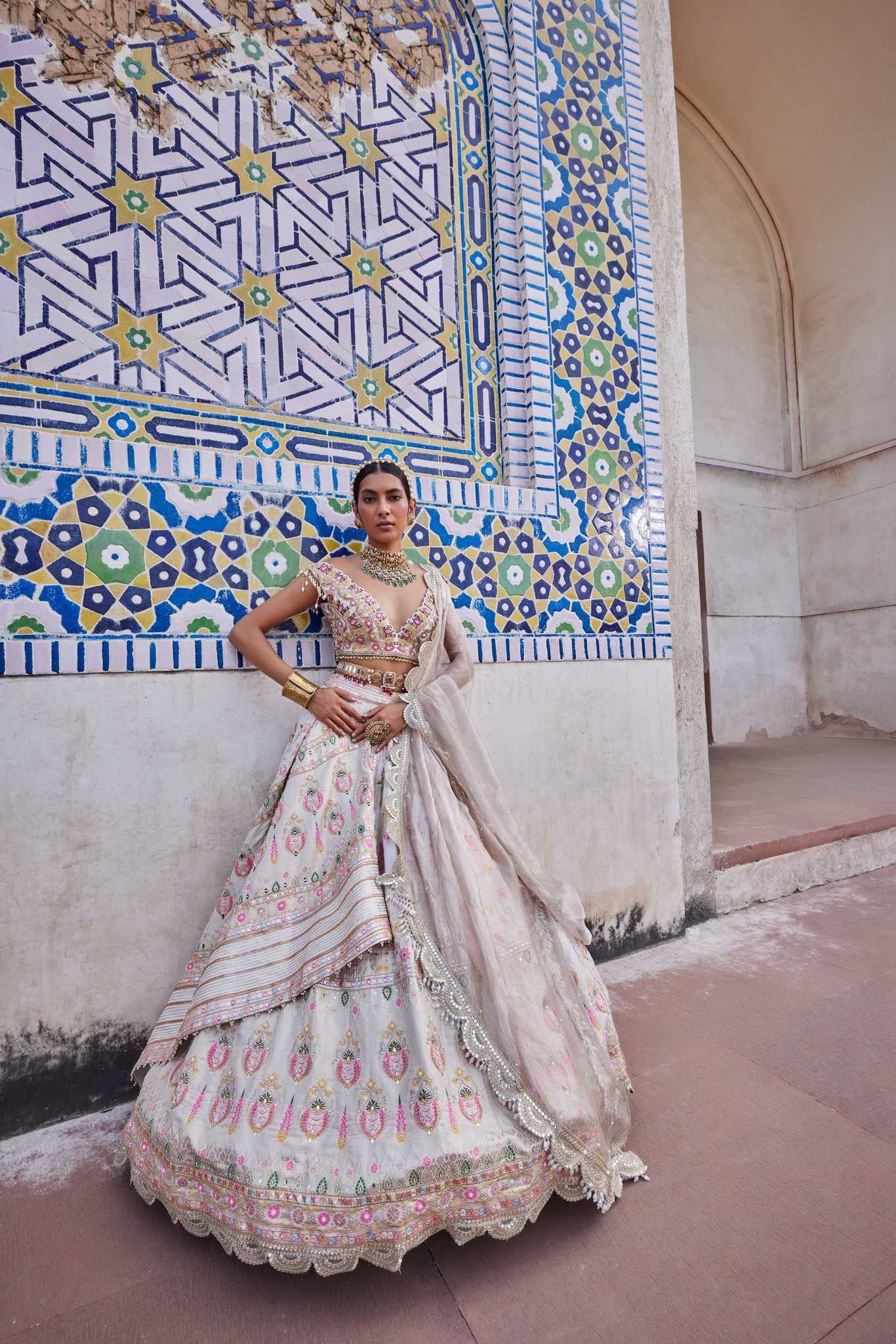 Shop Ivory Chanderi Banarasi Paneled Lehenga
