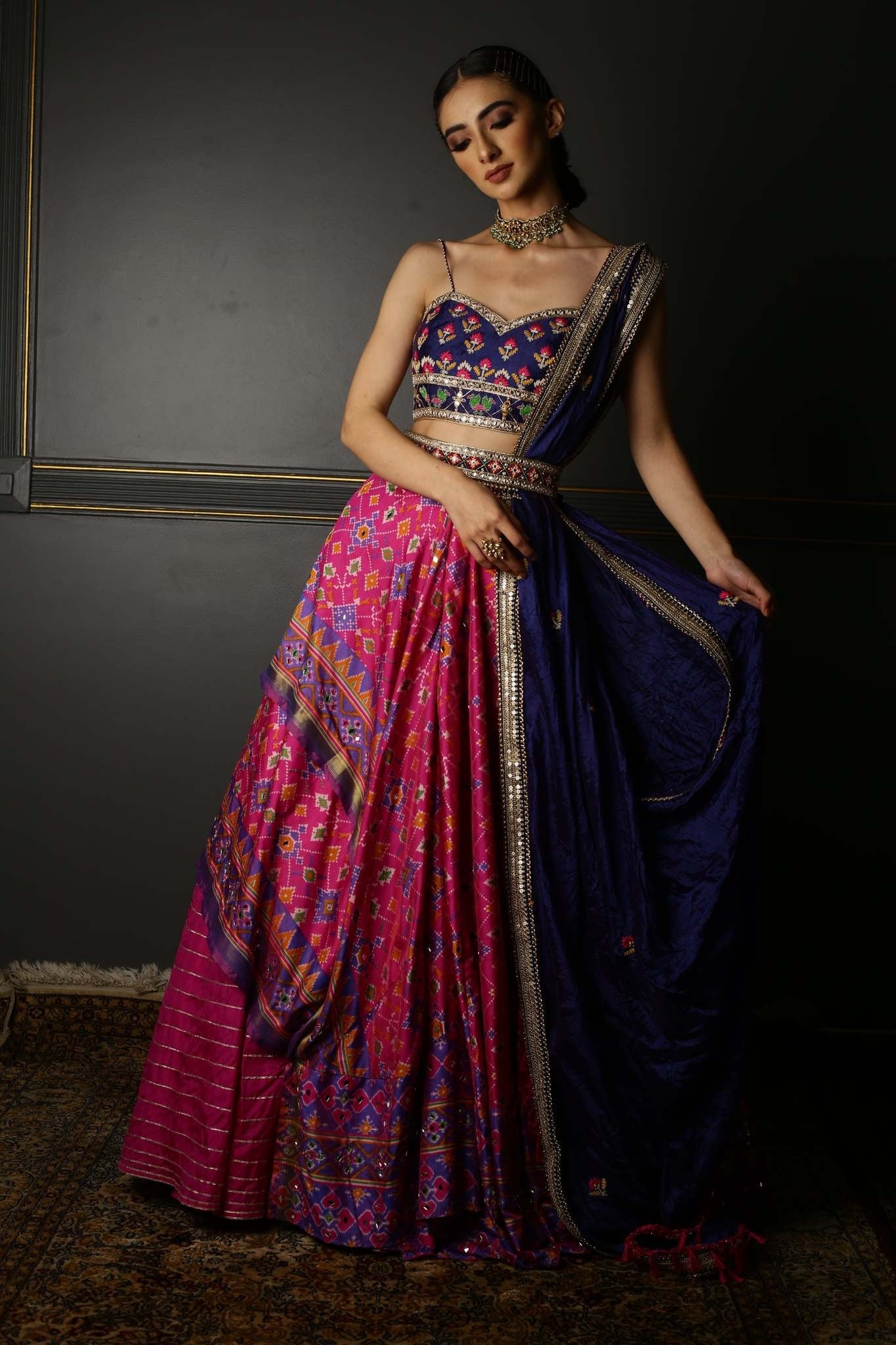 Women's Pink Printed Draped Lehenga Set