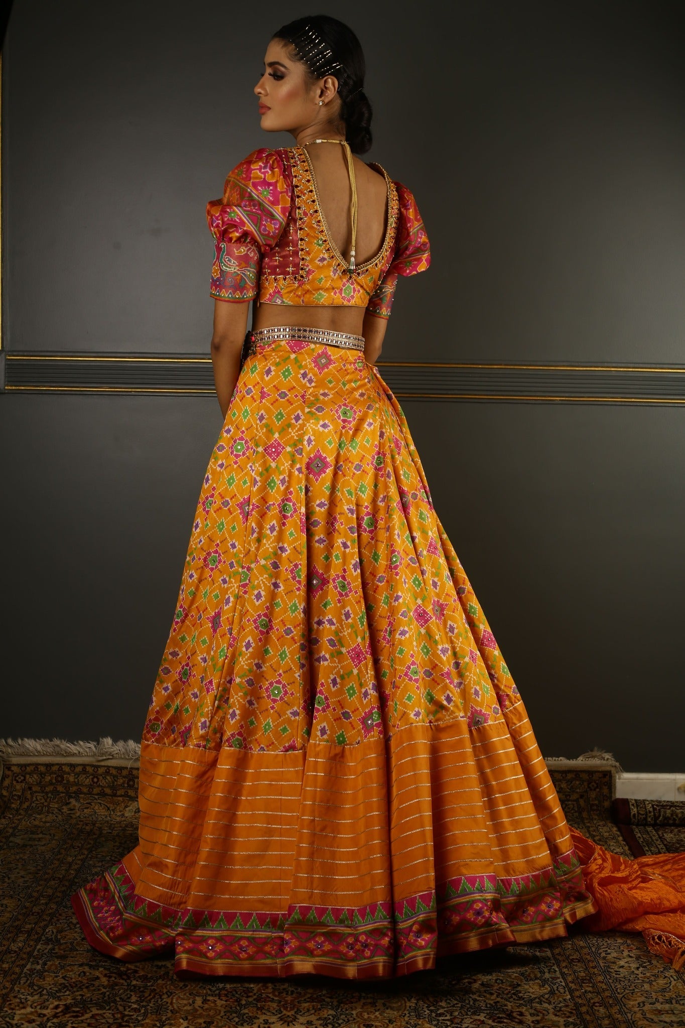 Yellow Printed Embroidered Lehenga Set backview