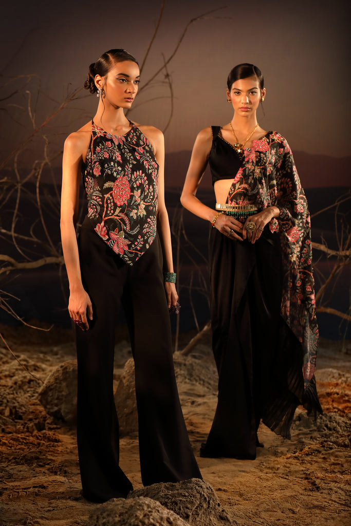 Women's Black Floral Corset Top with Pant
