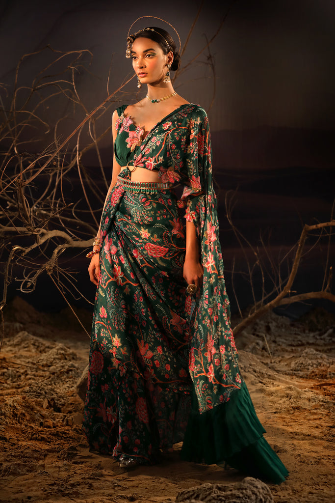 Women's Green Satin Organza Saree SetWomen's Green Satin Organza Saree Set