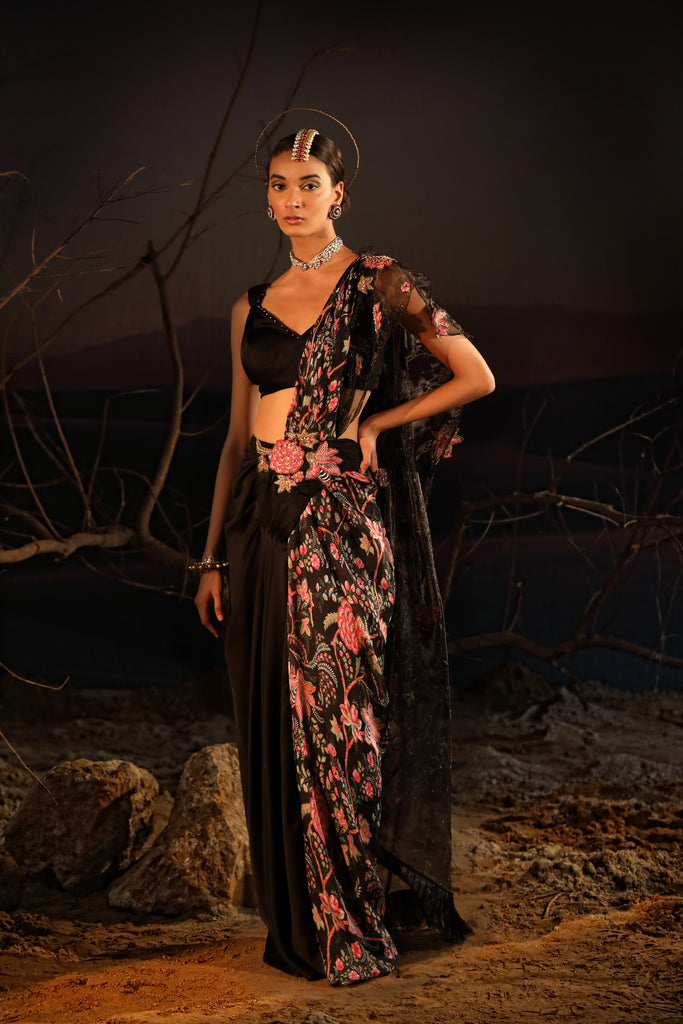 Women's Black Floral Embroidered Saree