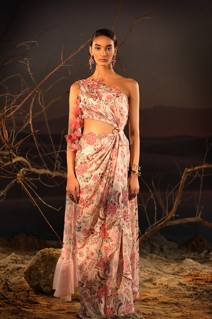 Women's Luxury Powder Pink Asymmetrical Saree