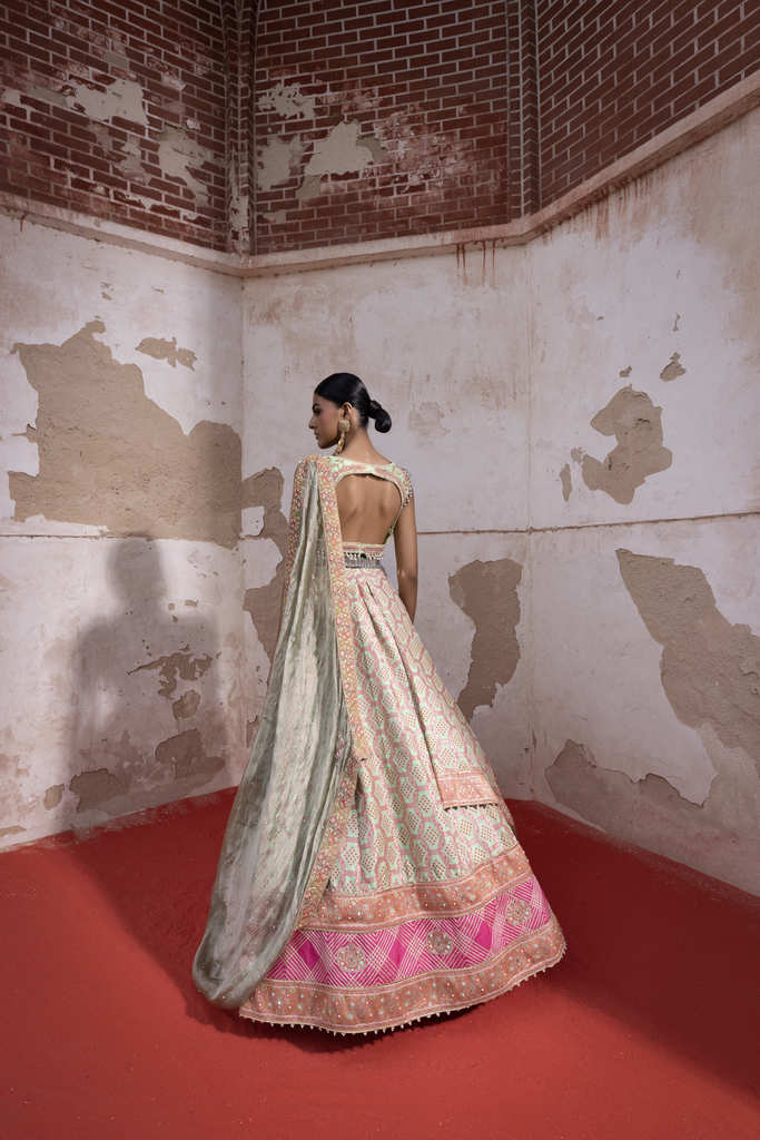 Pista Bandhani Banarasi Woven Lehenga Set