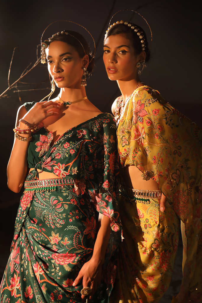 Women's Mustard Embroidered Floral Saree