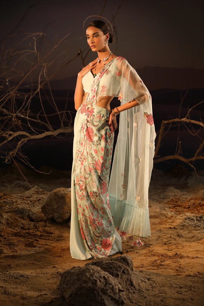 Women's Powder Blue Draped Organza Palla Saree