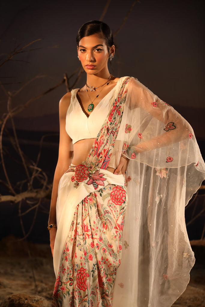 IVORY ORGANZA PALLA SAREE