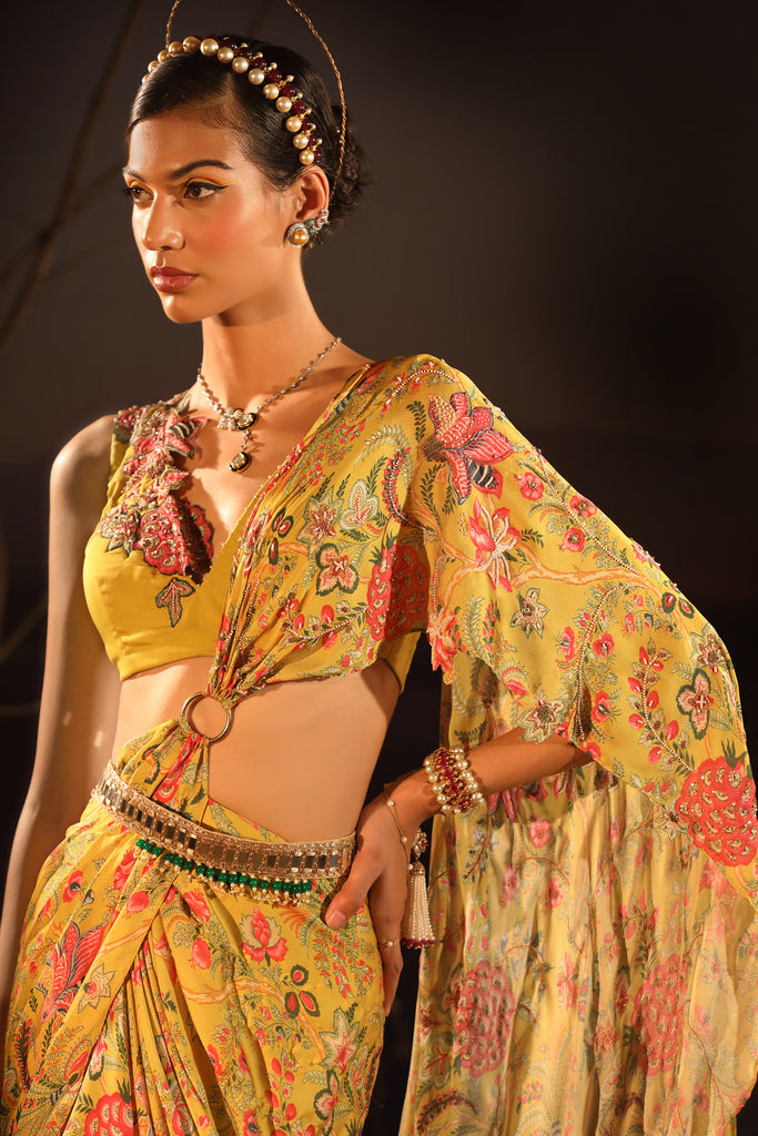 Women's Satin Floral Draped Saree Set