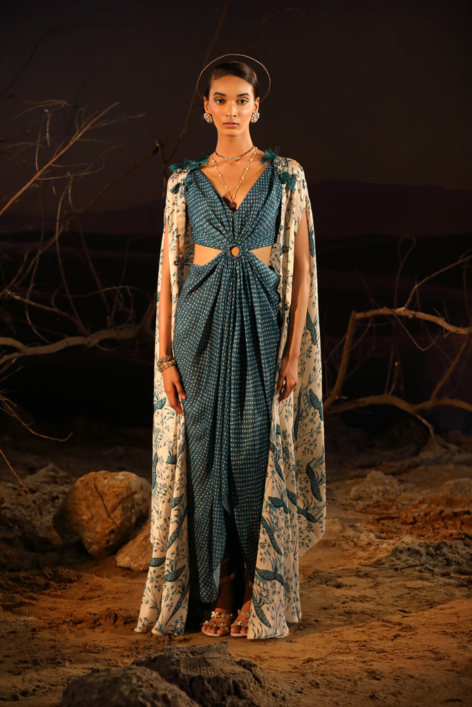 Shop Women's Teal Blue Dress With Ivory Cape