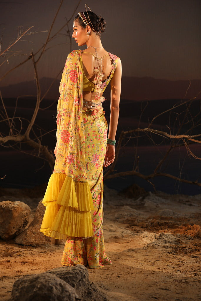 Women's Mustard Embroidered Floral Saree