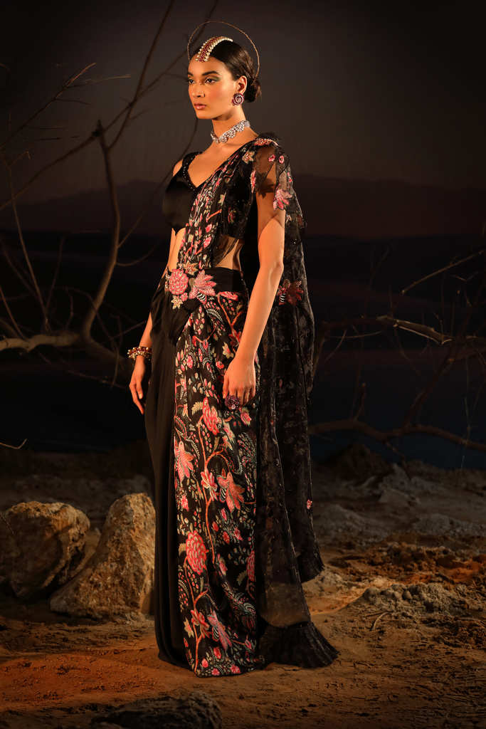 Women's Black Floral Embroidered Saree
