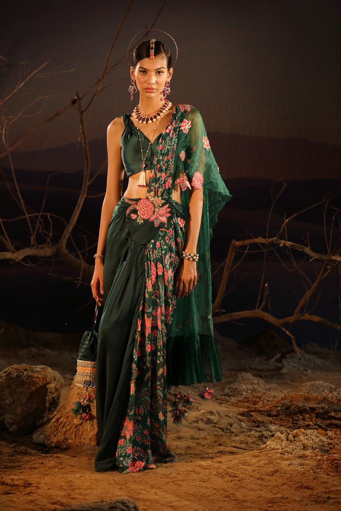 Women's Green Floral Organza Palla Saree