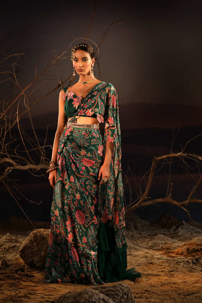 Women's Green Floral Draped Saree Set