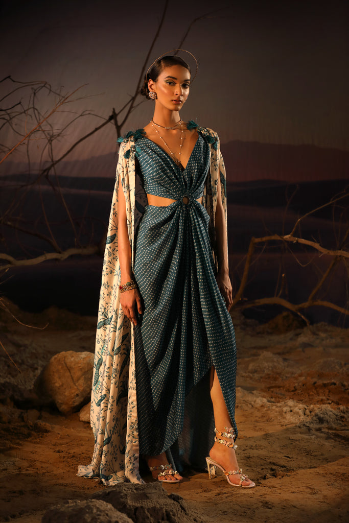 Women's Teal Blue Dress With Ivory Cape