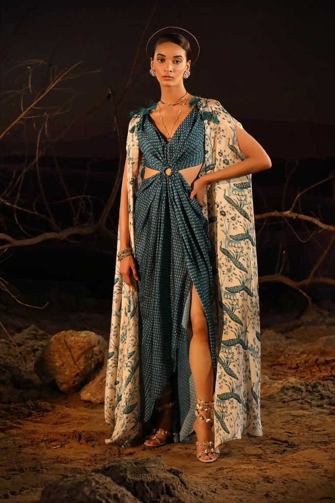 Women's Teal Blue Dress With Ivory Cape