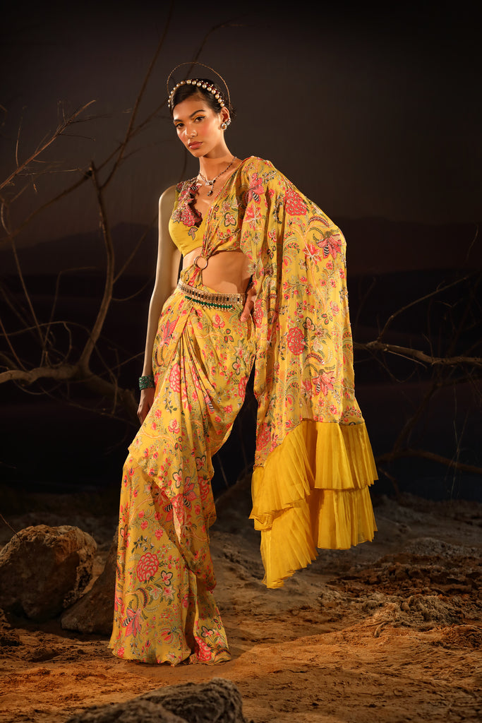 Women's Mustard Embroidered Floral Saree