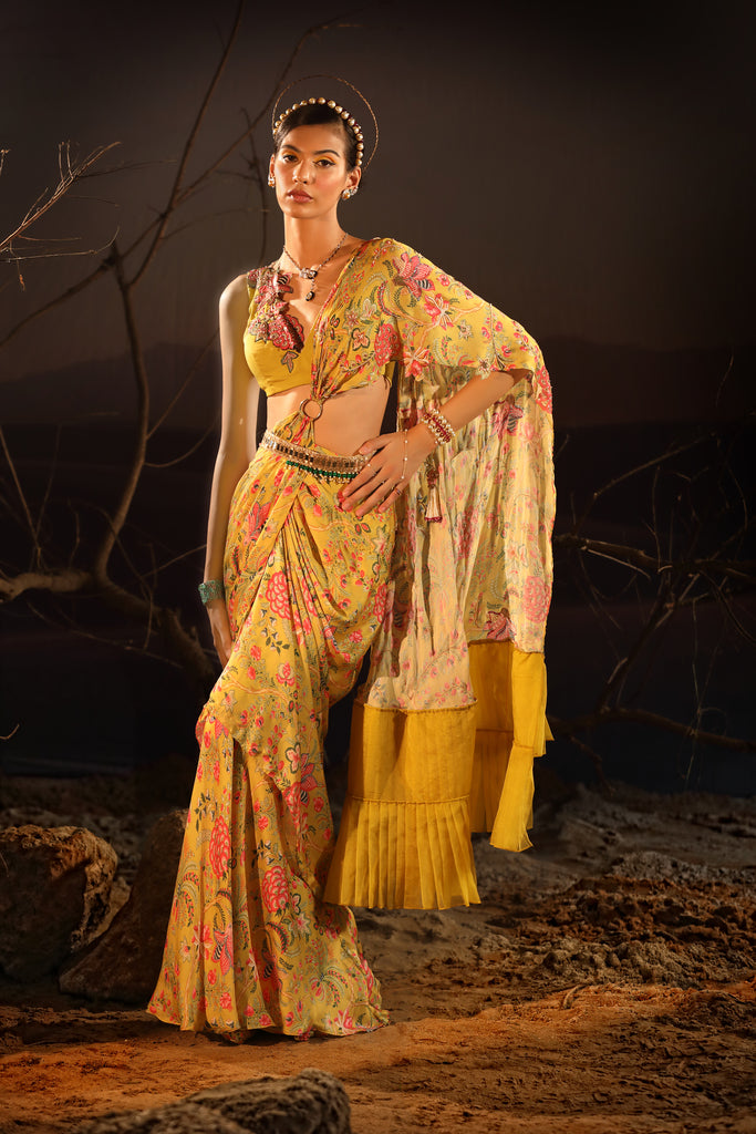 Women's Mustard Embroidered Floral Saree
