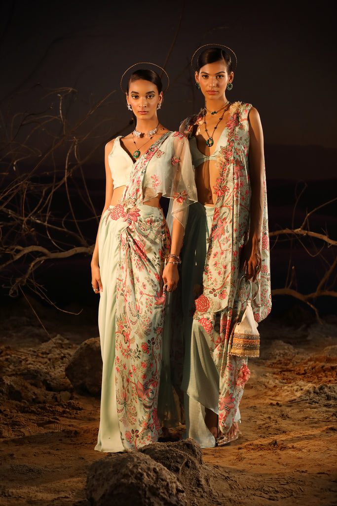 Women's Powder Blue Draped Skirt-Cape Set