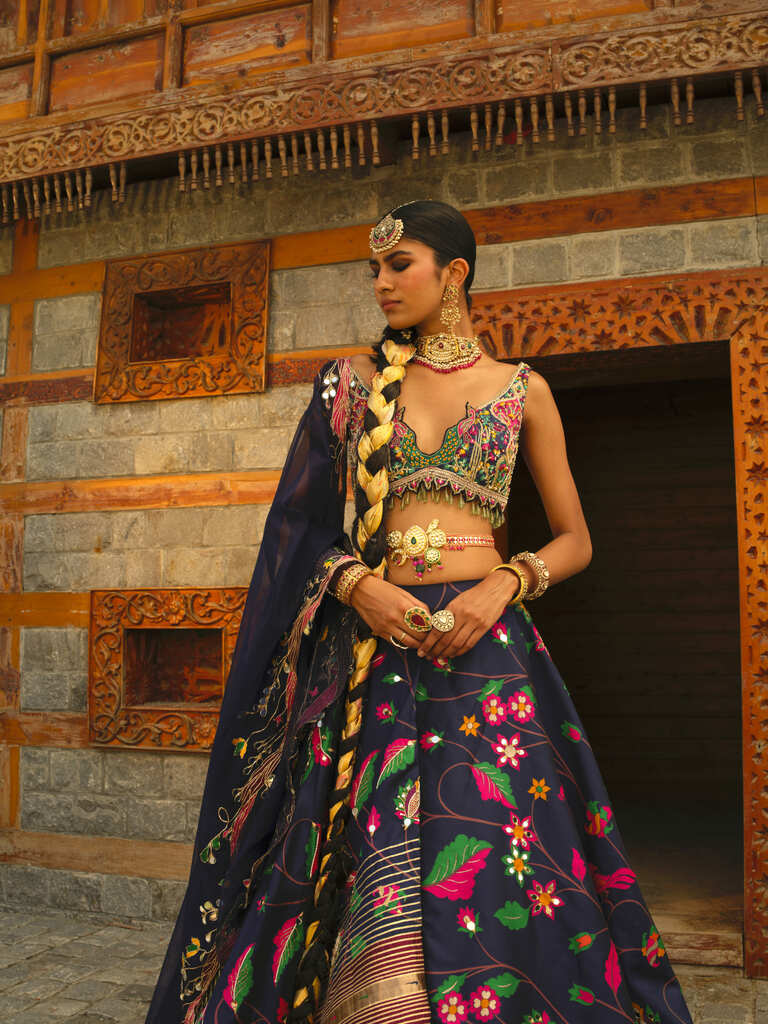 Dark Blue Zari Woven Paithani Lehenga