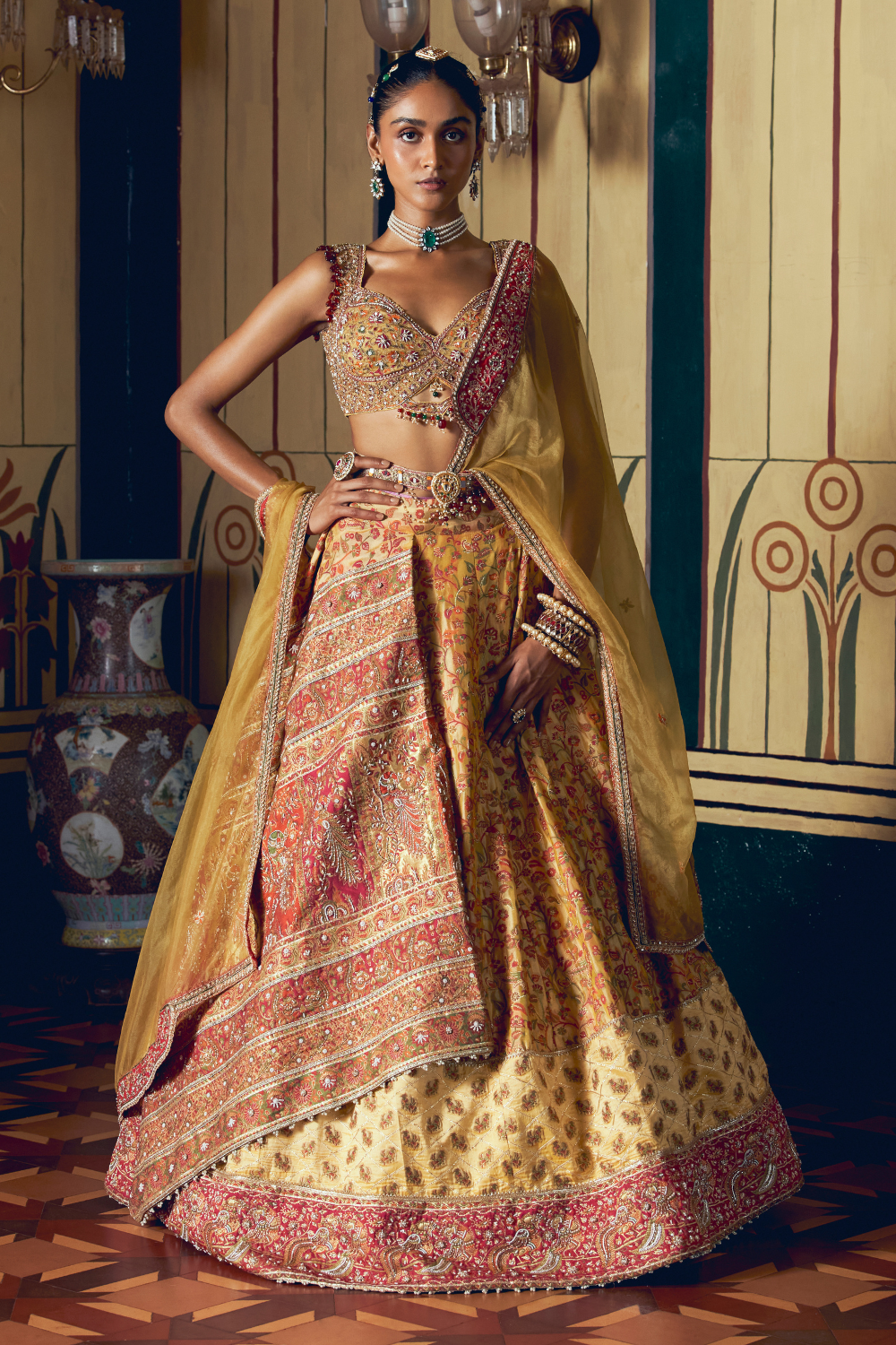 Yellow jacquard banarasi lehnga set