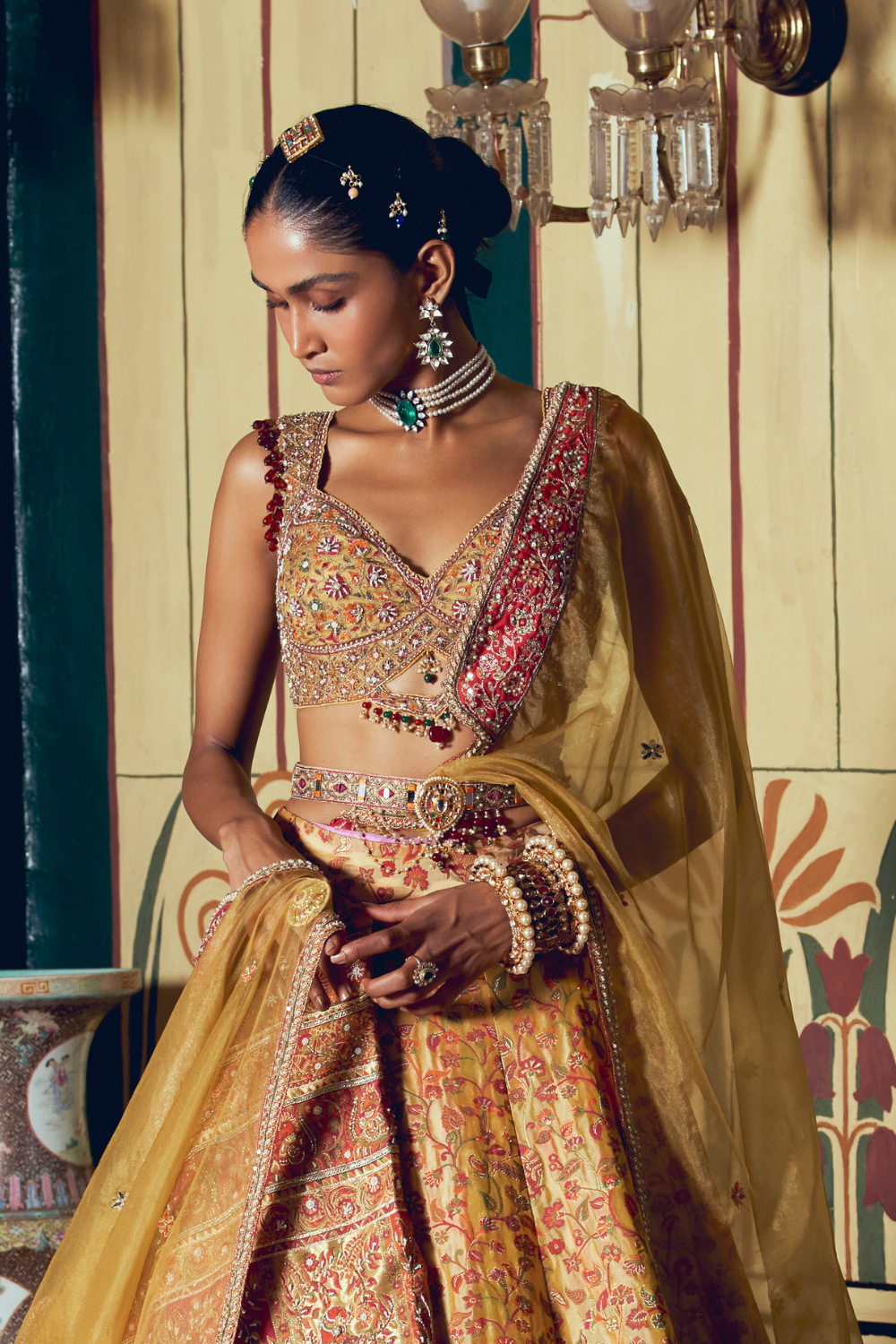 Yellow jacquard banarasi lehnga set