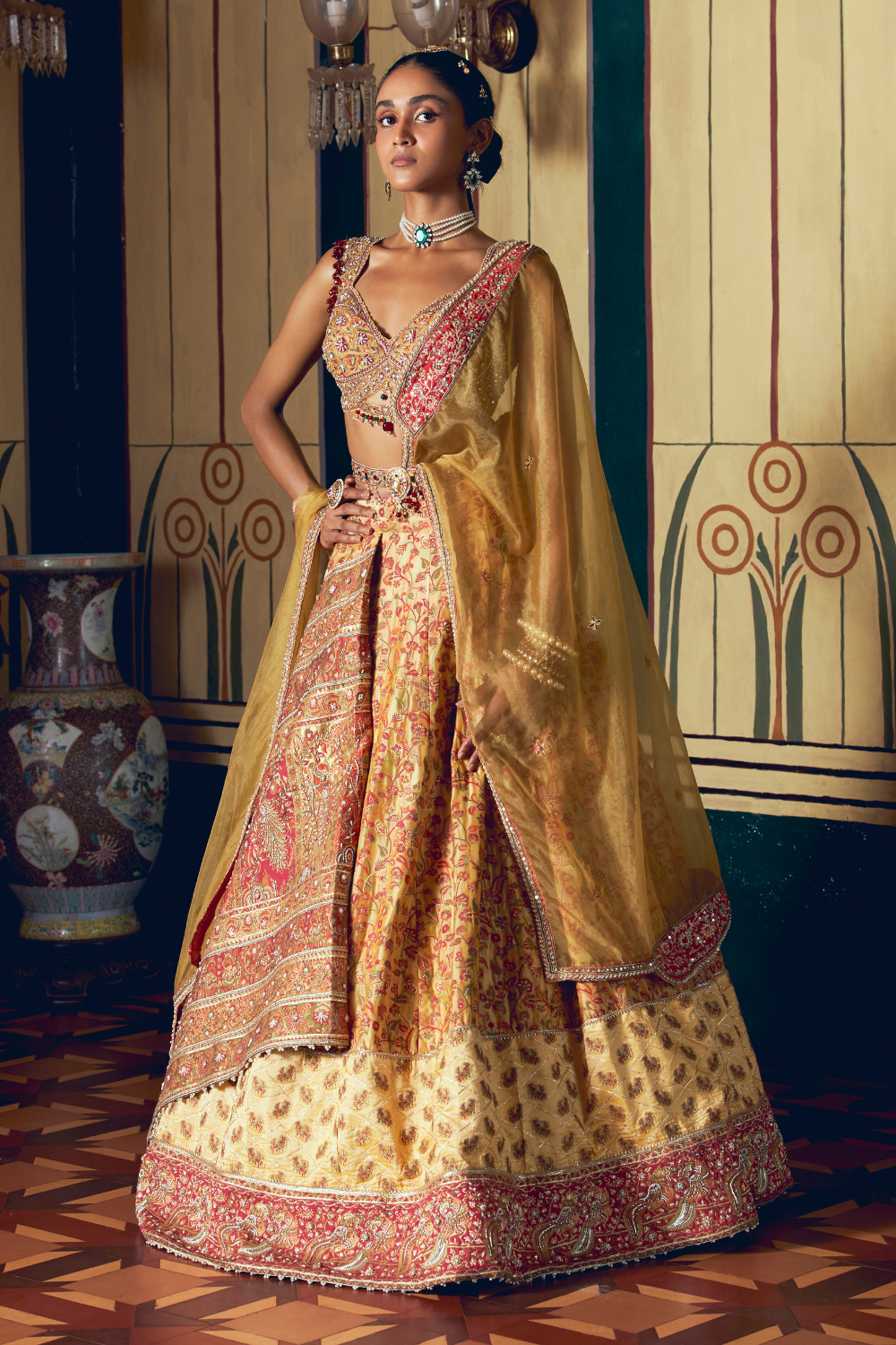 Yellow jacquard banarasi lehnga set