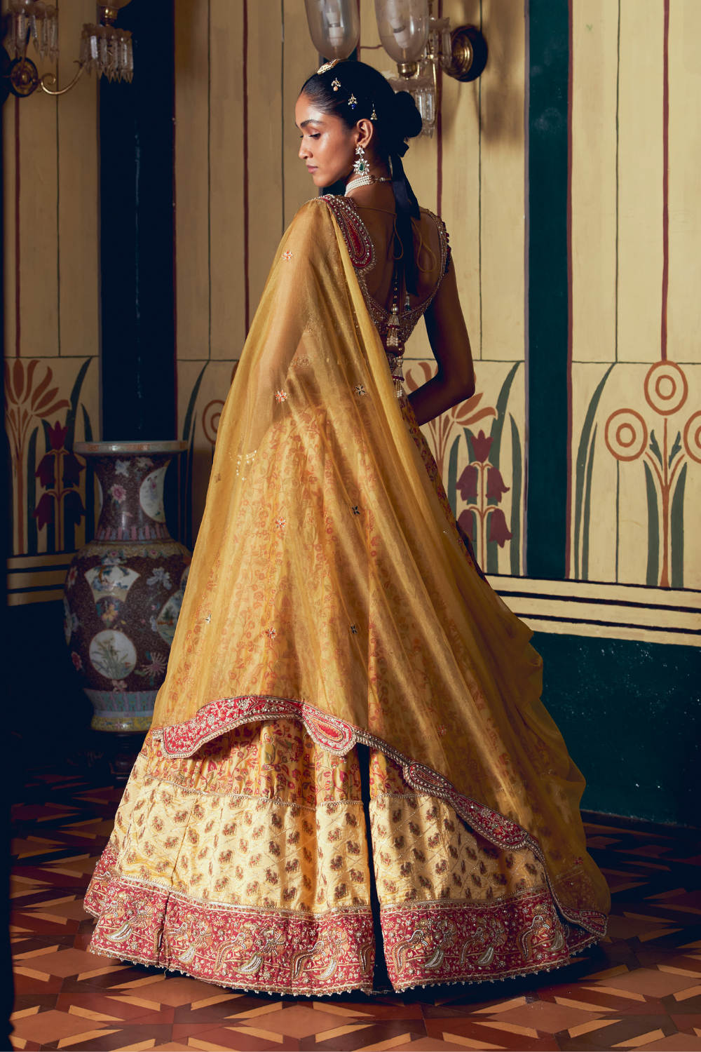 Yellow jacquard banarasi lehnga set