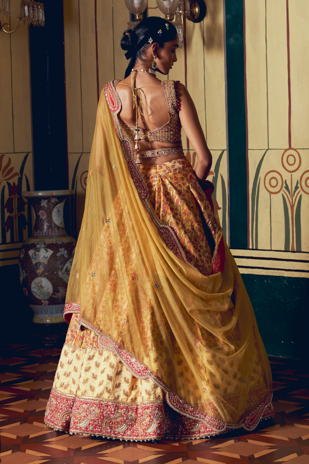 Yellow jacquard banarasi lehnga set