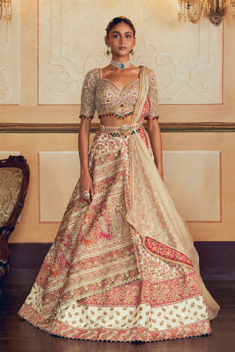Coral and firozi checkered jacquard banarsi lehenga set