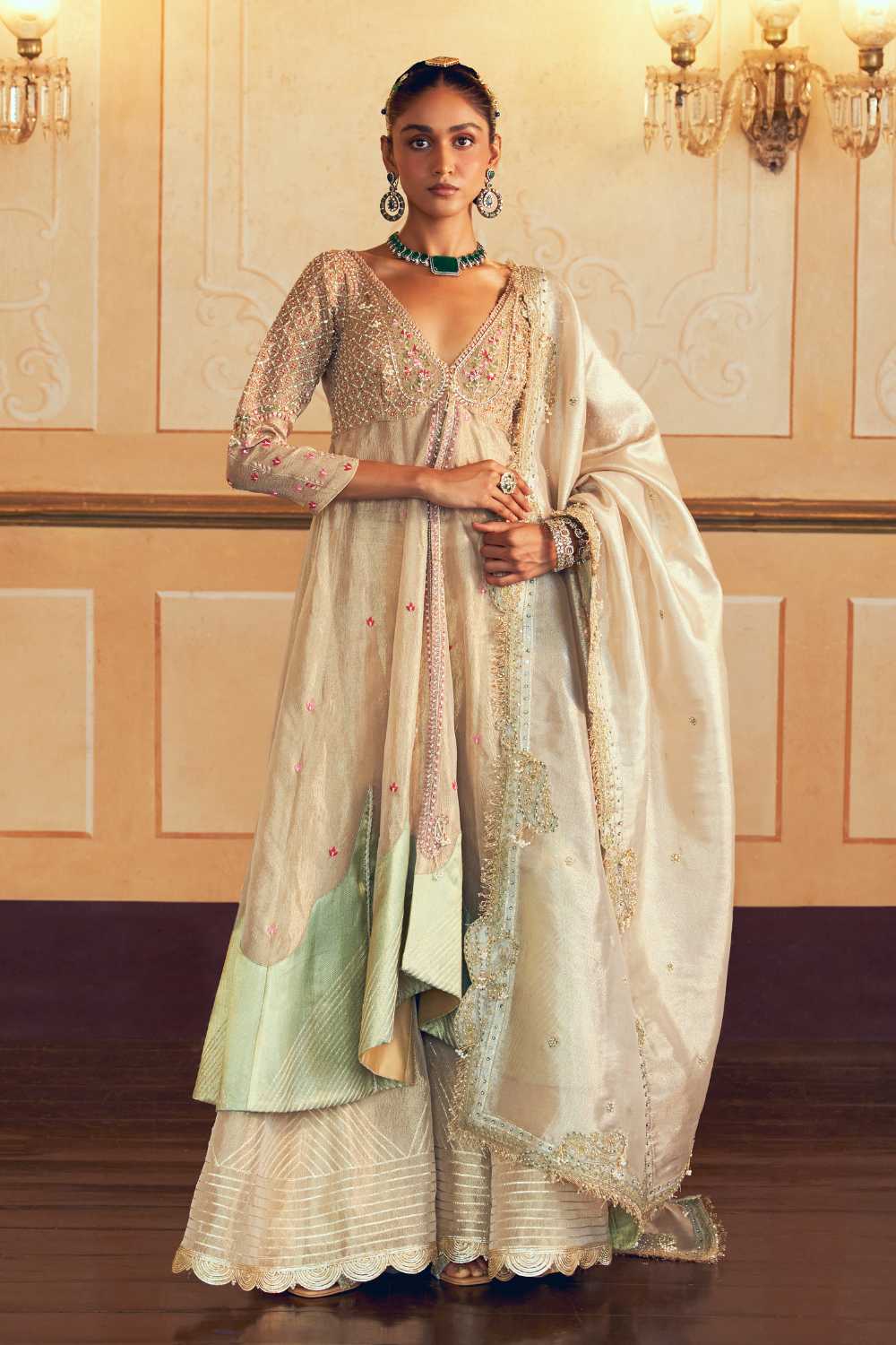 Pearl ivory silk zari tissue jacket with sharara and Dupatta