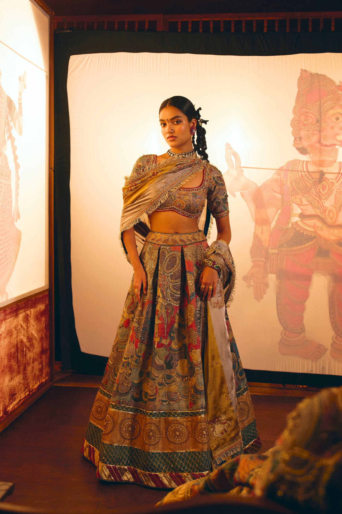 Krishna Leela Grey Kalamkari Lehenga Set